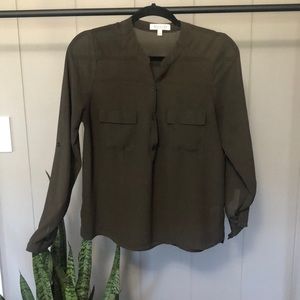 HALF BUTTON UP DRESSY SHEER GREEN LONGSLEEVE